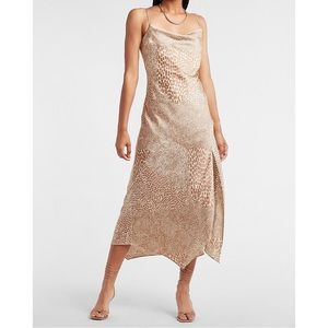 EXPRESS Satin Animal Print Cowl Neck Midi Slip Dress